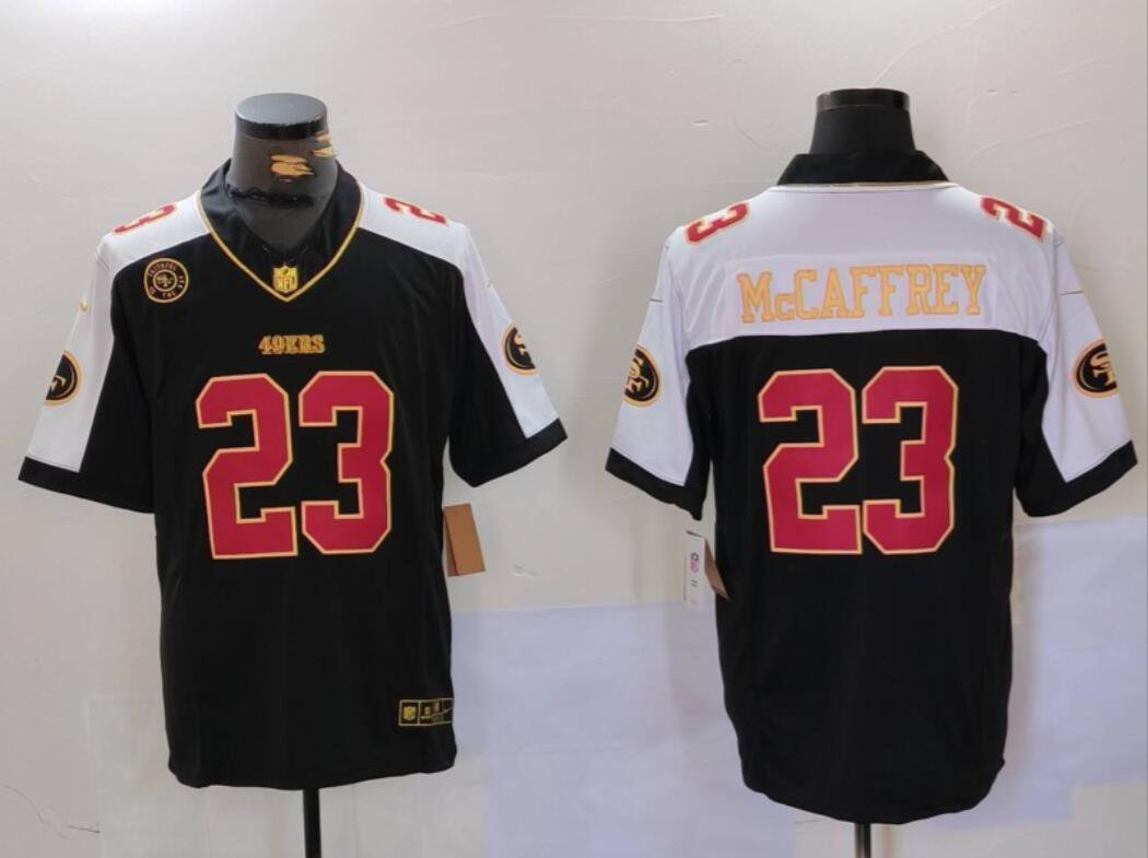Men's Christian McCaffrey #23 SF 49ers Fashion Game Jersey Black Gold Christmas Gift