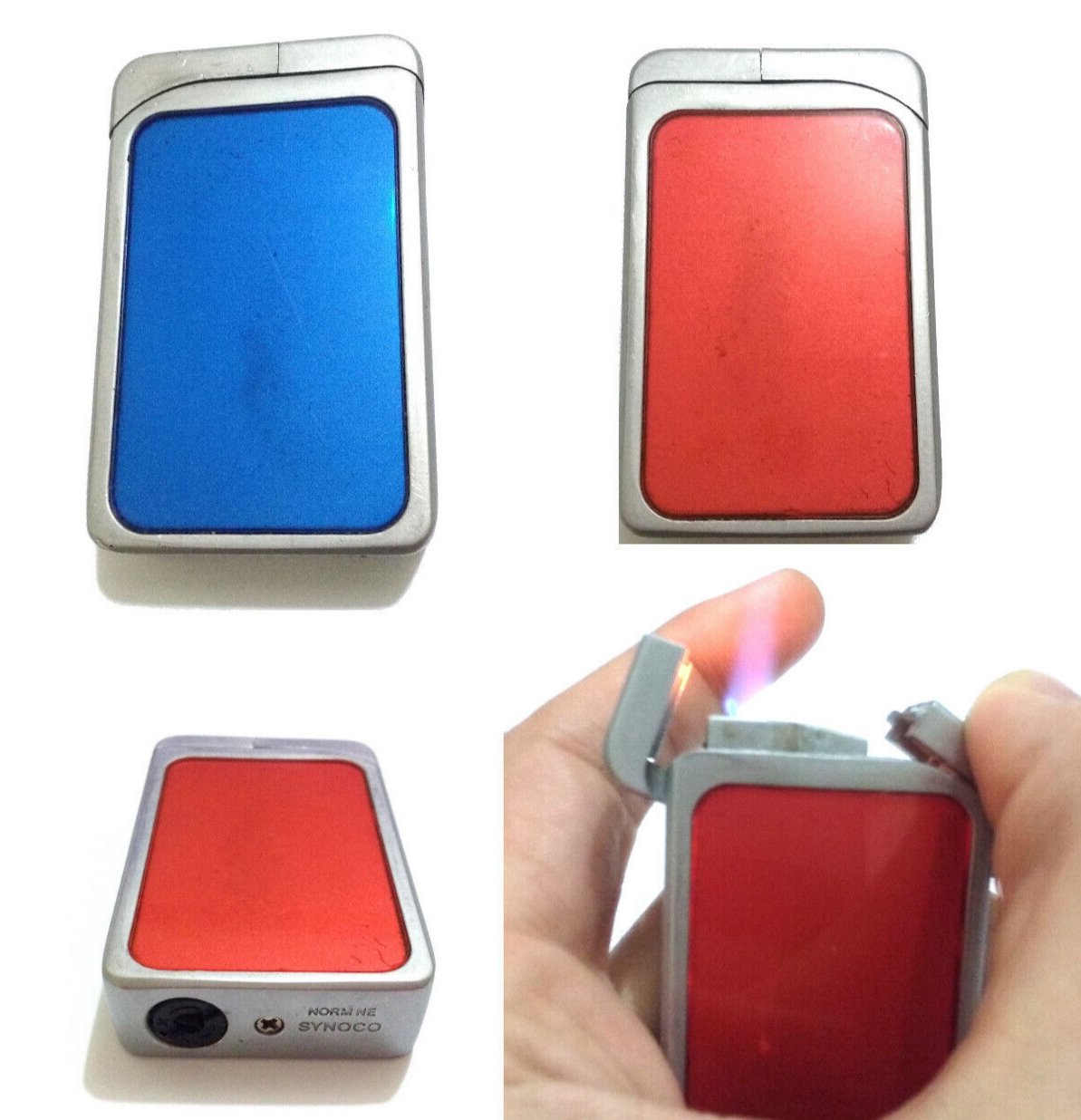 Vintage Old Synoco Normne Oval Gas Torch Lighter &acirc;�� Red & Blue, Working Condition