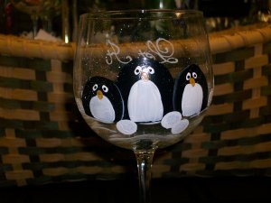 set of two Hand painted penguin starry night stemmed wine glasses snow theme 