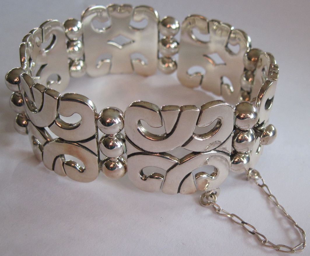 Vintage Sterling Silver ATI 925 Mexico Link Bracelet Heavy Mexican Openwork Scrolls about 3 oz