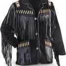Western Cowboy Jacket American Wears Buck Skin Beaded  fringes Coat Black