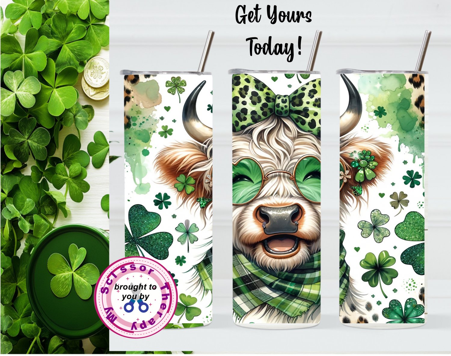 St Patrick's Day Highland Cow 20oz Tumbler Sublimation Template 0158