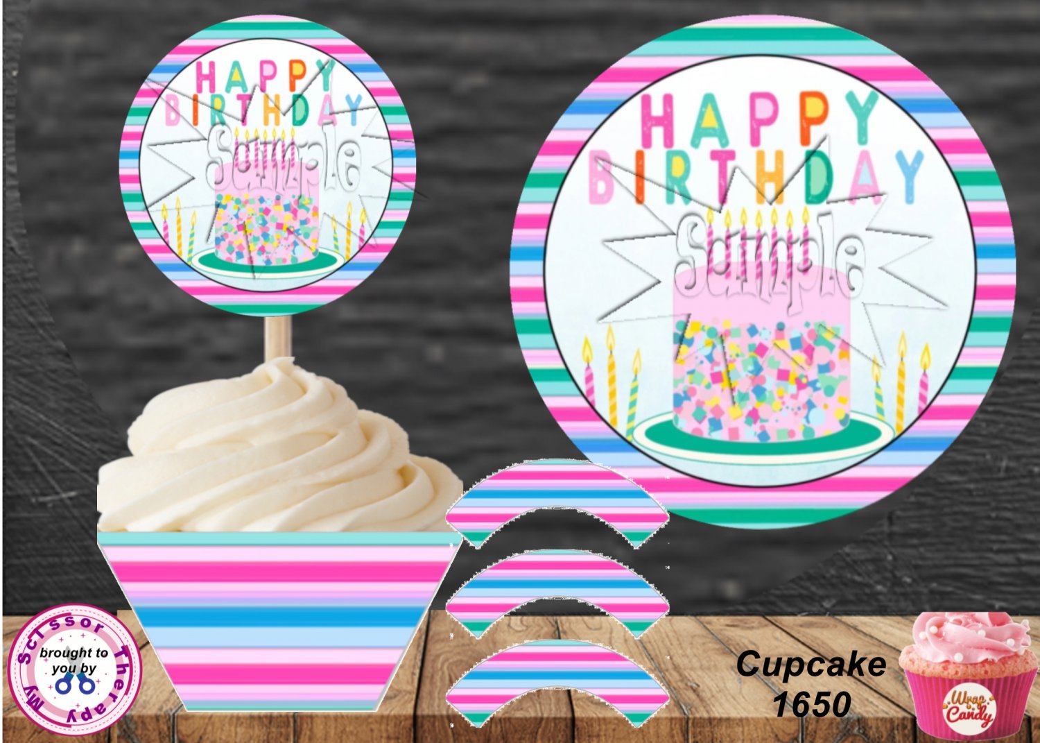 Happy Birthday Cupcake Wrappers & Toppers Instant Download 1650
