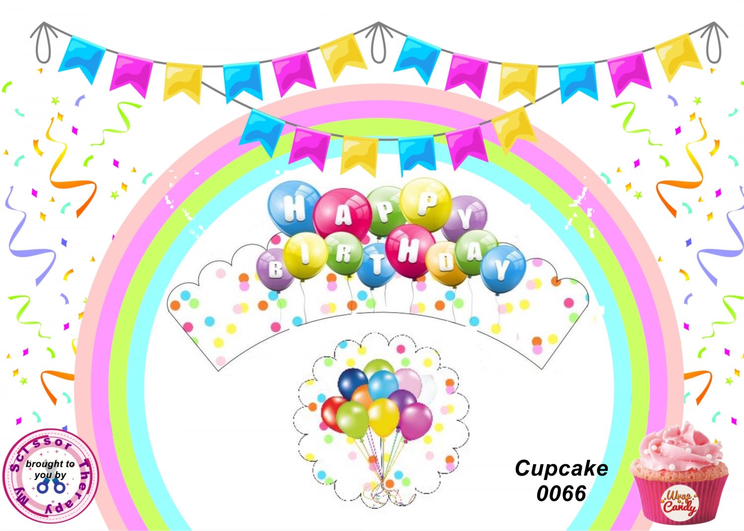 Happy Birthday Balloons Scallop Cupcake Wrappers & Toppers Instant Download 0066