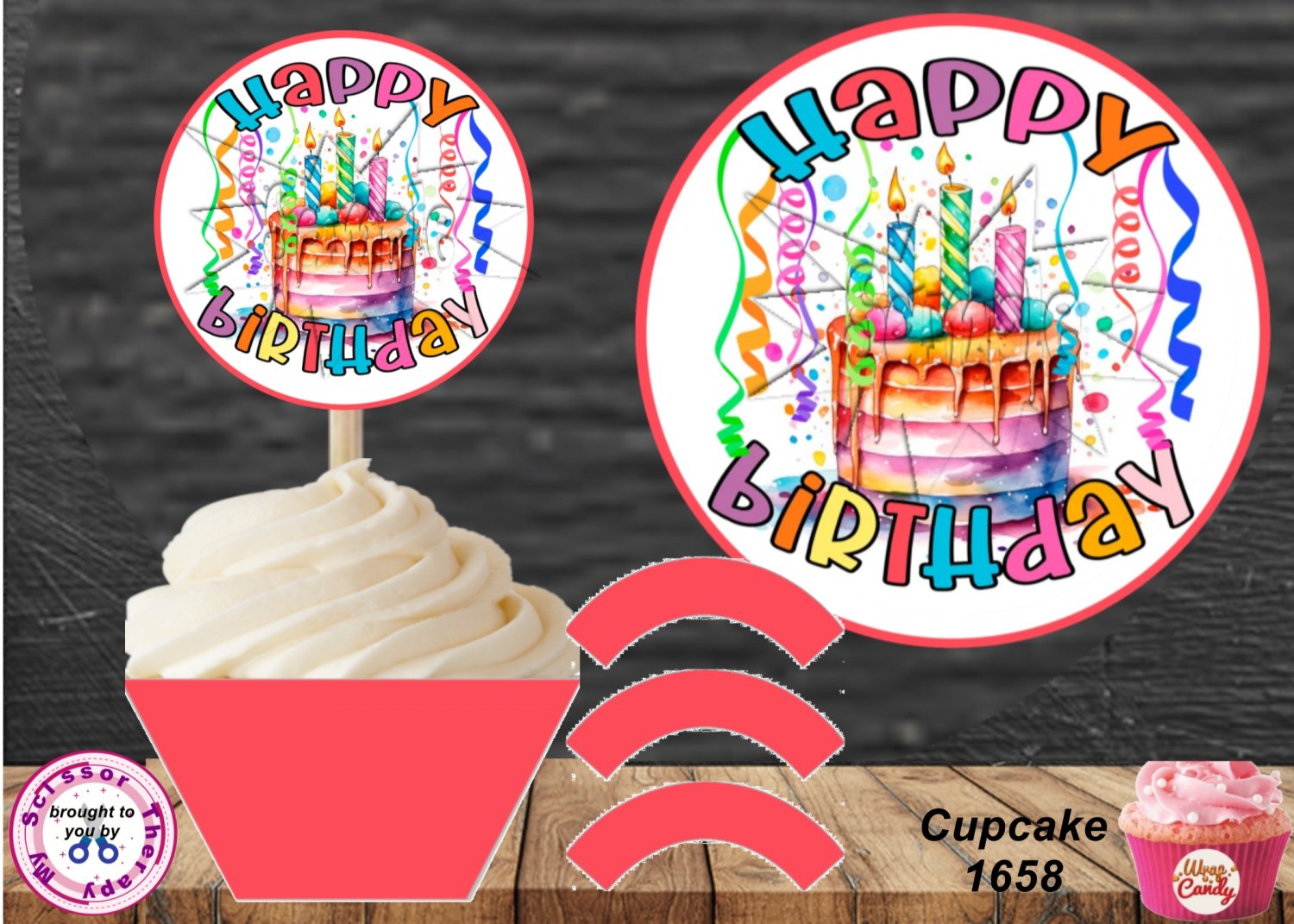 Happy Birthday Cupcake Wrappers & Toppers Instant Download 1658