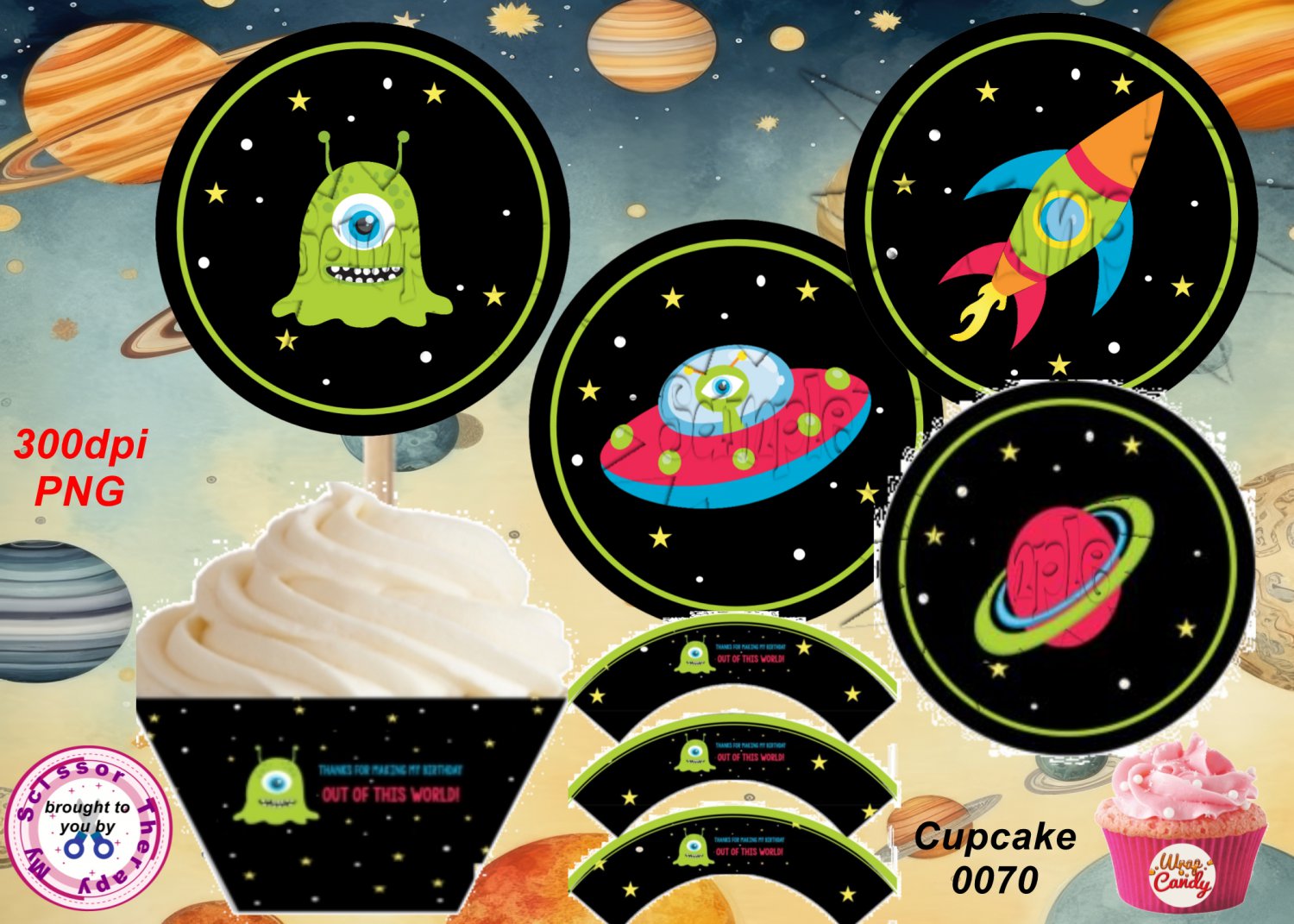 Out of this World Happy Birthday  Cupcake Wrappers & Toppers Instant Download 0070
