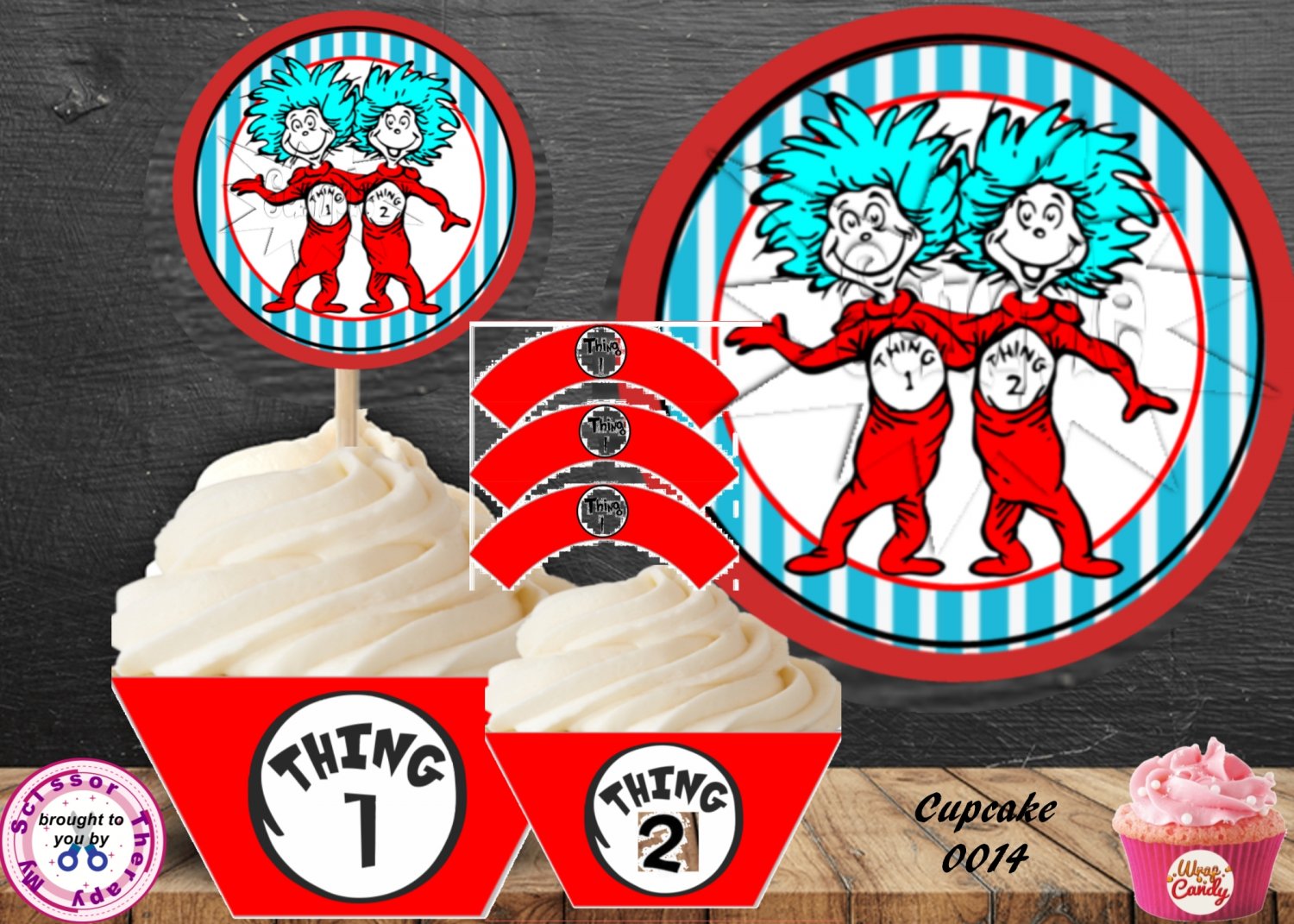 Dr. Seuss Thing 1 & 2 Cupcake Wrappers & Toppers Instant Download 0014