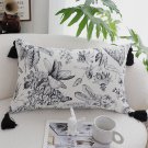 SOGA 35cm Throw Pillow Black and White Floral Print Elegant with Tassel Accents Home Decor SOGA 35cm Throw Pillow Black and White Floral Print Elegant with Tassel Accents Home Decor