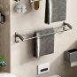 SOGA 62cm Gray Wall-Mounted Double Pole Towel Holder Bathroom Organiser Rail Hanger with Hooks