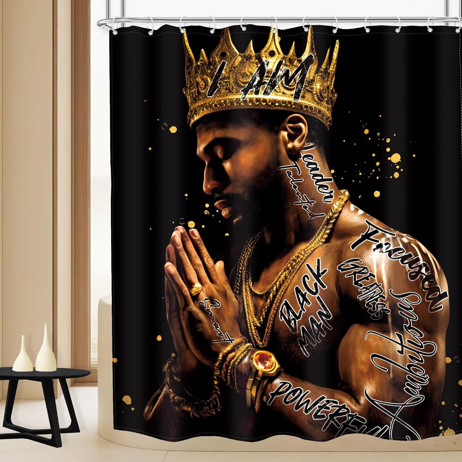 MESHELLY Black King Shower Curtain – African American Inspirational Quotes, Gold On Black, 60x72 Inches, Waterproof Polyester - View #8
