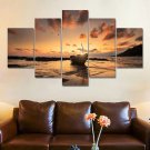 Wall Art Canvas Prints 5 Piece Seascape Painting Sunset Beach Boat Pos Hand Made