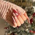 Party Christmas Red White Long Coffin False Almond Nails Snowflake Design Ballet Nail