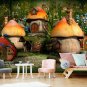 Kids Wall Mural Fairy Tale Mushroom Houses, Photo Wallpaper for Nursery Room Decor, Murals
