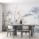 Photo Wallpaper Watercolor, Reed, Bamboo, Lake, Mountainous Terrain Outlines, Wall Mural for Room