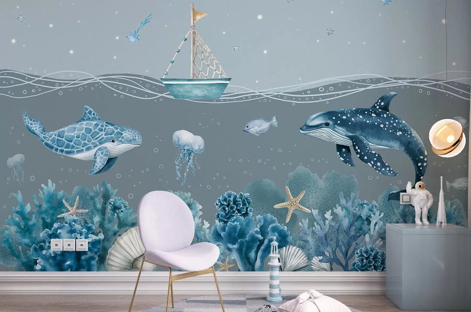 Wall Mural Marine Life, Whale, Fish, Corals, Photo Wallpaper for Kids Room Home Decor, Murals