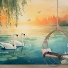 Wall Mural Morning on the Lake, Pair of Swans, Romantic Landscape, Photo Wallpaper Bedroom Decor
