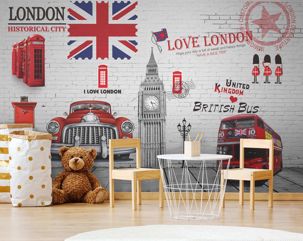 Wall Mural Collage London Landmarks, Photo Wallpaper for Kids Room Home Decor, Murals