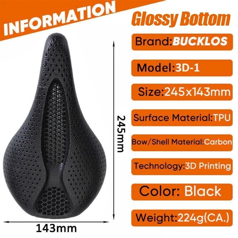 3D Glossy(143mm)_3D Printed Saddle BUCKLOS MTB Bike Seat Cushion Full Carbon Fiber Ultralight Hollow