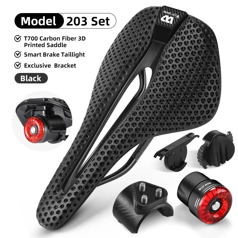 Model 203 Set_WEST BIKING T800 Carbon 3D Printed Bike Saddle Ultralight With Tail Light Bike Saddle 