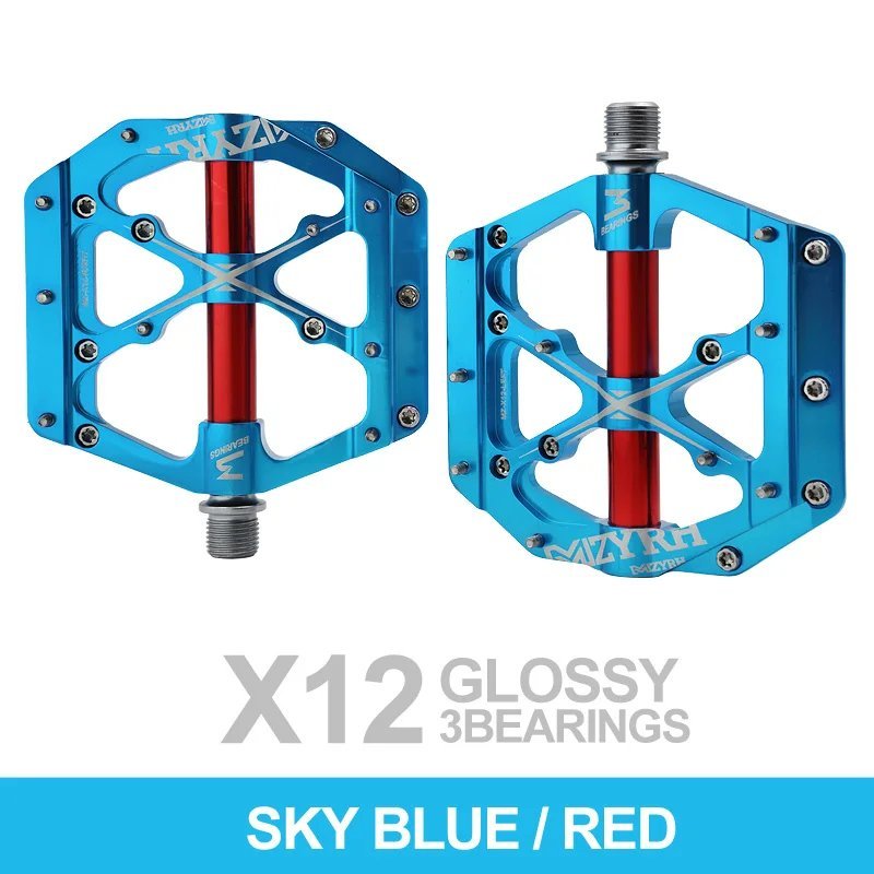 X12-sky blue red_Bicycle Pedals 3 Bearings MTB Anti-slip Ultralight Aluminum Mountain Road Bike Plat