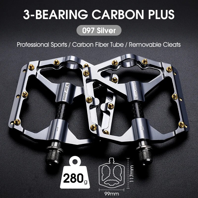 097 Silver Carbon_WEST BIKING MTB Bicycle Pedals Ultralight CNC Aluminium Alloy Anti-Slip Road Bike 