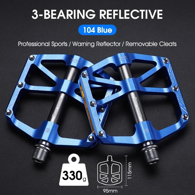 104 Blue Reflective_WEST BIKING MTB Bicycle Pedals Ultralight CNC Aluminium Alloy Anti-Slip Road Bik