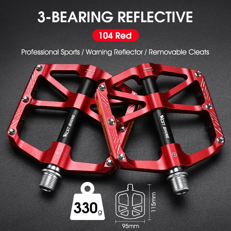 104 Red Reflective_WEST BIKING MTB Bicycle Pedals Ultralight CNC Aluminium Alloy Anti-Slip Road Bike