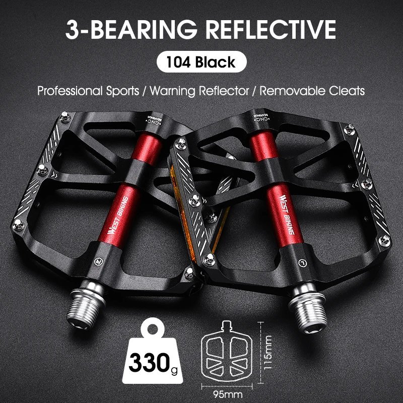 104Black Reflective_WEST BIKING MTB Bicycle Pedals Ultralight CNC Aluminium Alloy Anti-Slip Road Bik