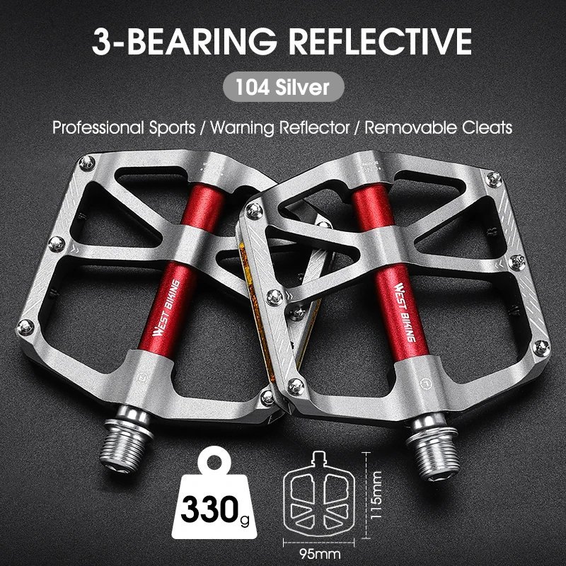 104Silver Reflective_WEST BIKING MTB Bicycle Pedals Ultralight CNC Aluminium Alloy Anti-Slip Road Bi