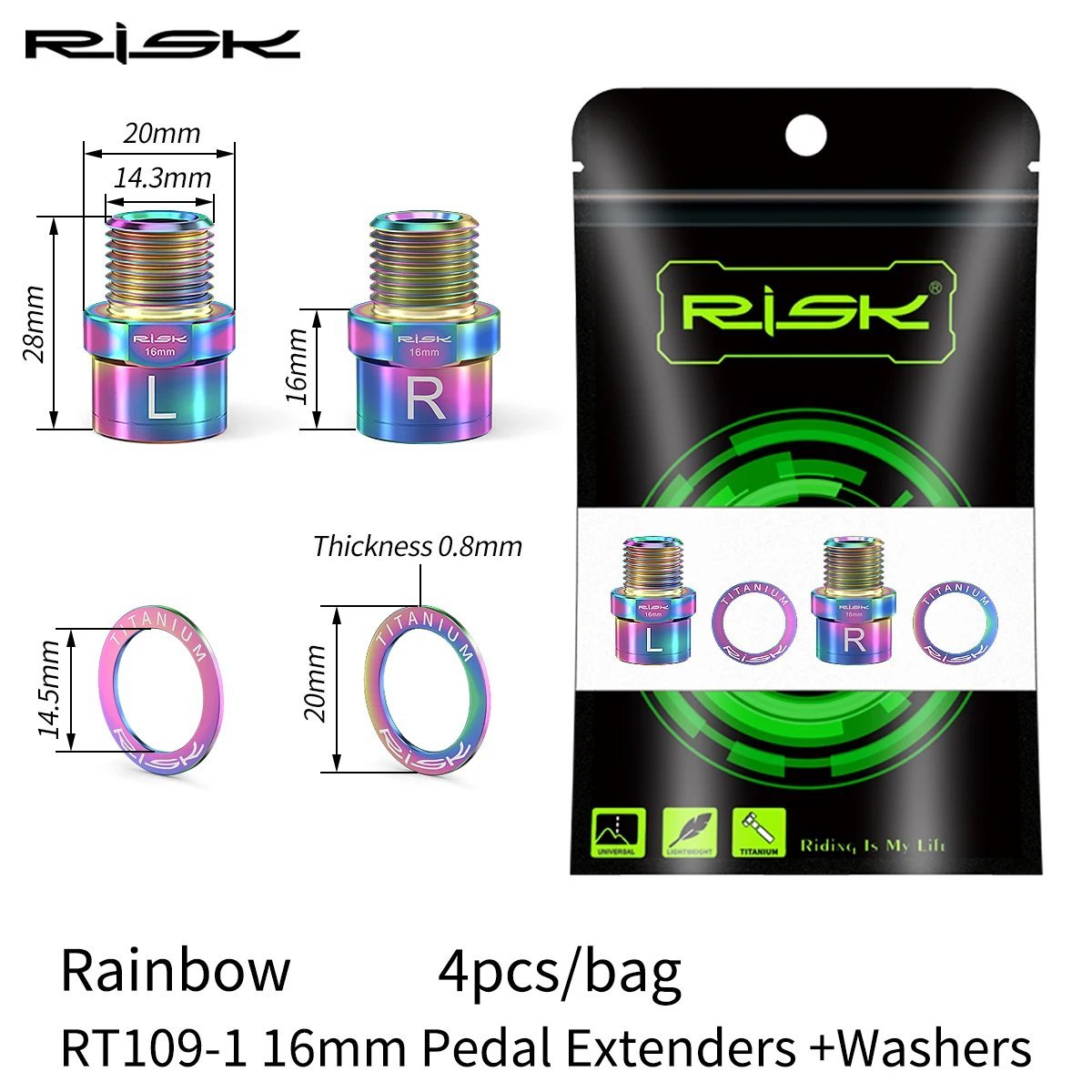 16mm rainbow_RISK Titanium Ti Bike Pedal Axle Extender Bicycle Pedal Extension Bolts Spacers 16mm 20