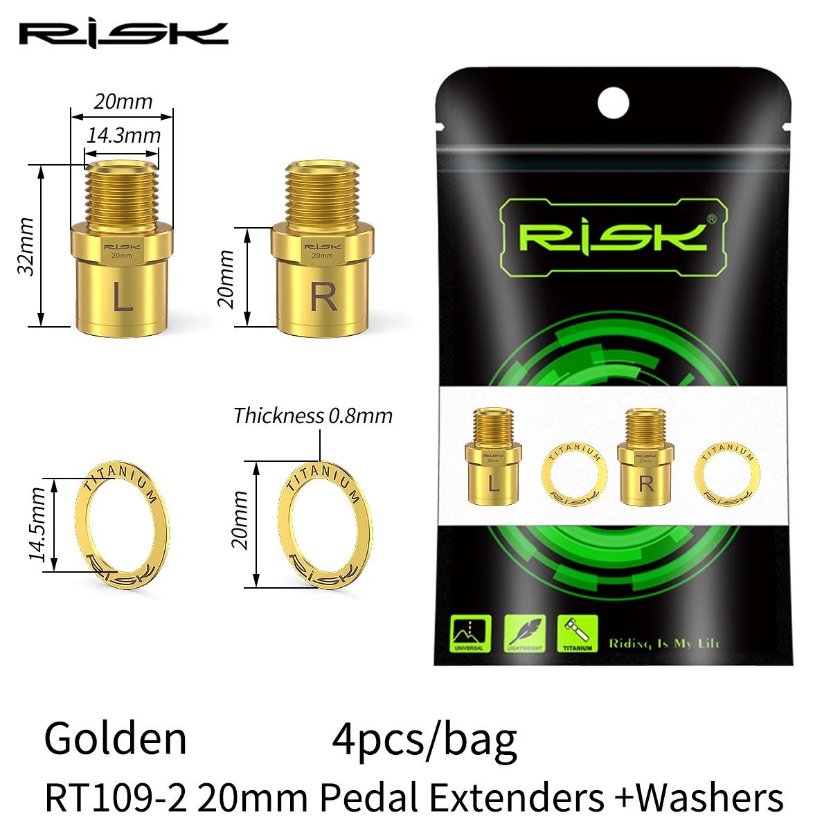 Ti  20mm Gold_Risk Titanium Ti Alloy Bike Pedal Axle Extenders Bicycle Pedal Extension Bolts Spacers