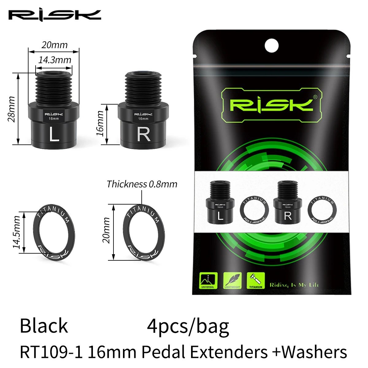 Ti 16mm Black_Risk Titanium Ti Alloy Bike Pedal Axle Extenders Bicycle Pedal Extension Bolts Spacers