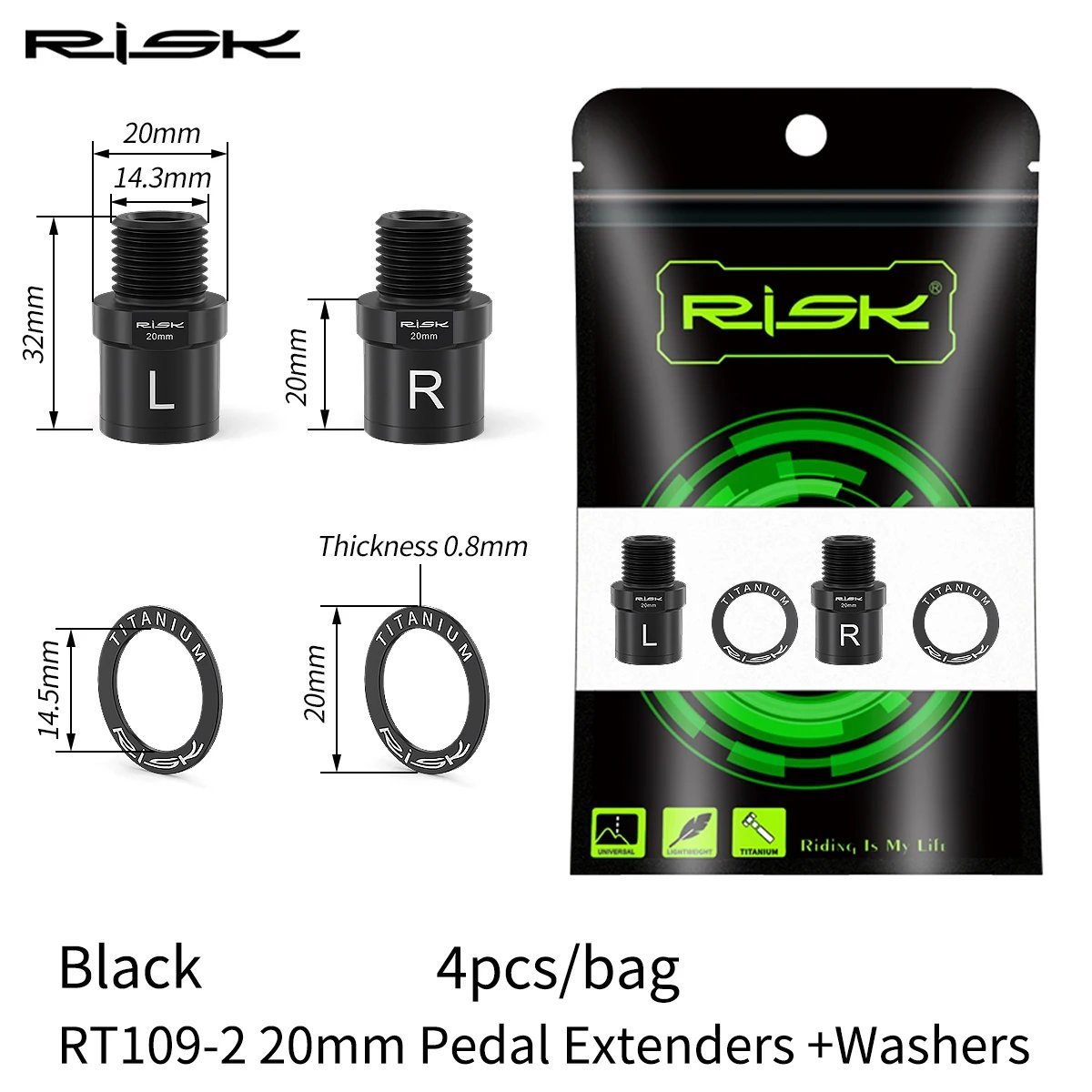 Ti  20mm Black_Risk Titanium Ti Alloy Bike Pedal Axle Extenders Bicycle Pedal Extension Bolts Spacer