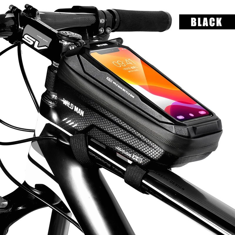 Black_WILD MAN X2 Bicycle Bag EVA Hard Shell Waterproof Touch Screen High Capacity Road Bike Mountai