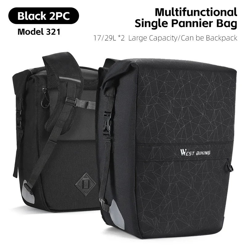 321B-2PCS 34-58L_WEST BIKING Full Waterproof Bicycle Pannier 25L Large Capacity Bike Rack Bag Long T