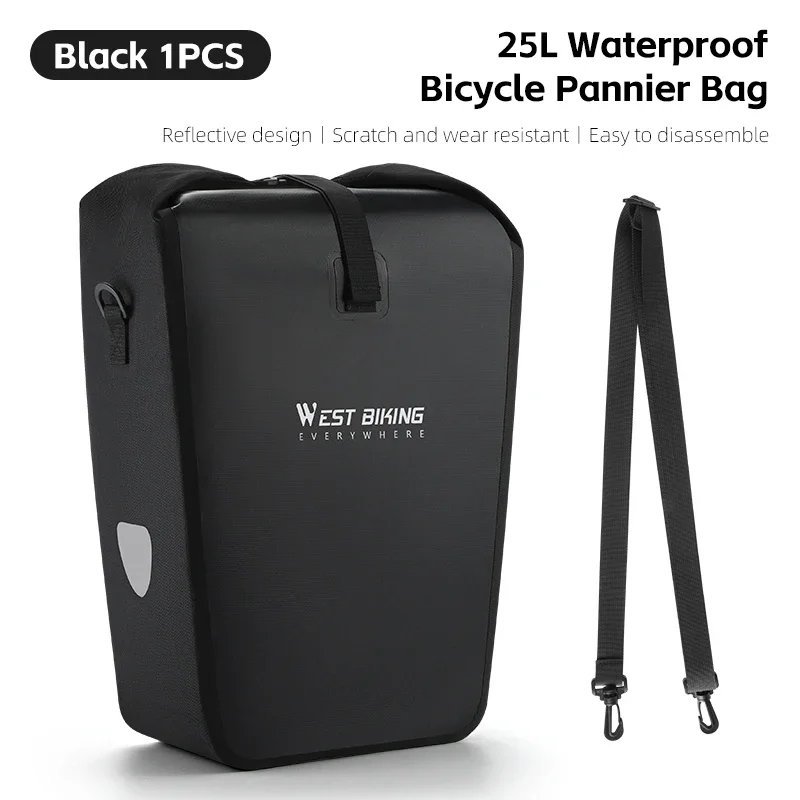 377-1PC 25L_WEST BIKING Full Waterproof Bicycle Pannier 25L Large Capacity Bike Rack Bag Long Travel