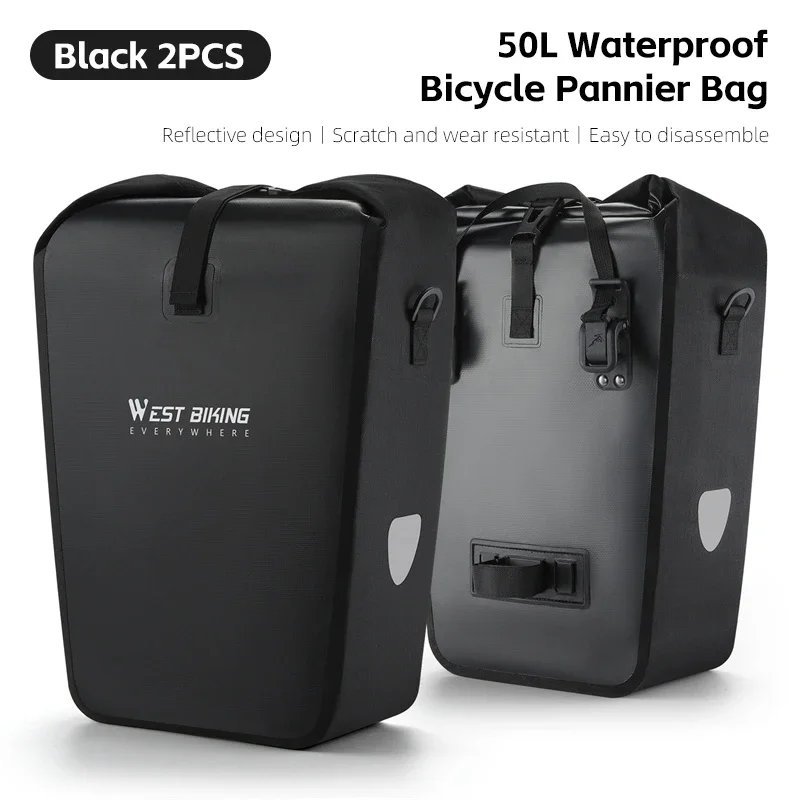 377-2PCS 50L_WEST BIKING Full Waterproof Bicycle Pannier 25L Large Capacity Bike Rack Bag Long Trave