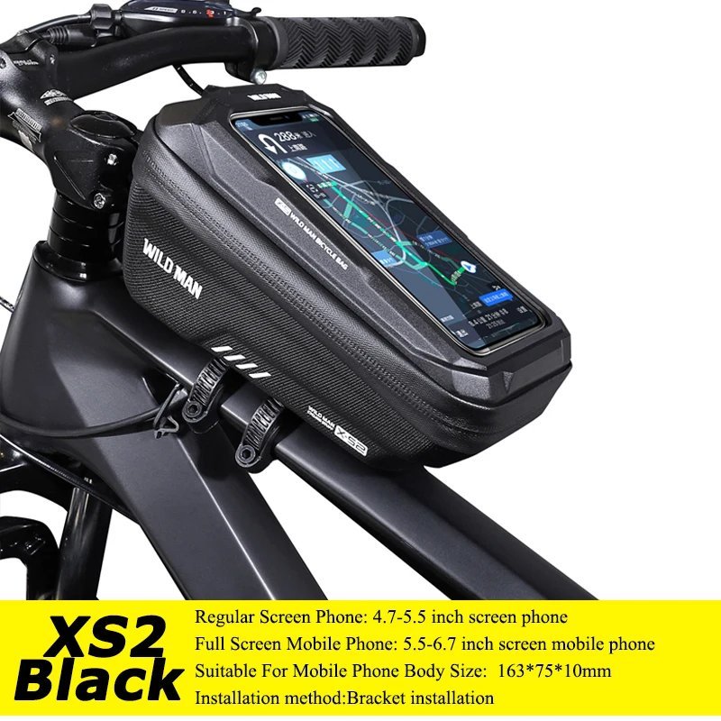 XS2 black logo_WILD MAN Bicycle Bag 5.5-6.6 Inch Phone Bag Waterproof Front Frame Bag Sensitive Touc