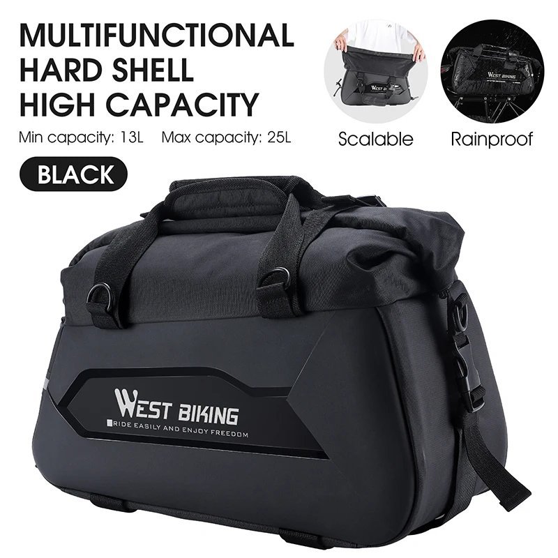 Black_WEST BIKING Hard Shell Bicycle Rear Carrier Bag Waterproof Travel Suitcases Shoulder Bag 13-25
