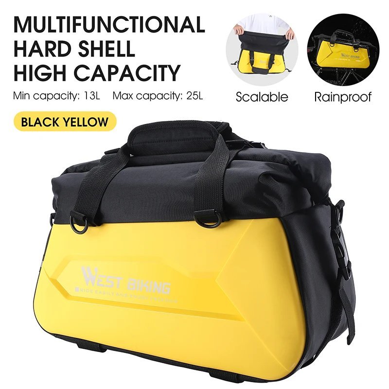 Black Yellow_WEST BIKING Hard Shell Bicycle Rear Carrier Bag Waterproof Travel Suitcases Shoulder Ba