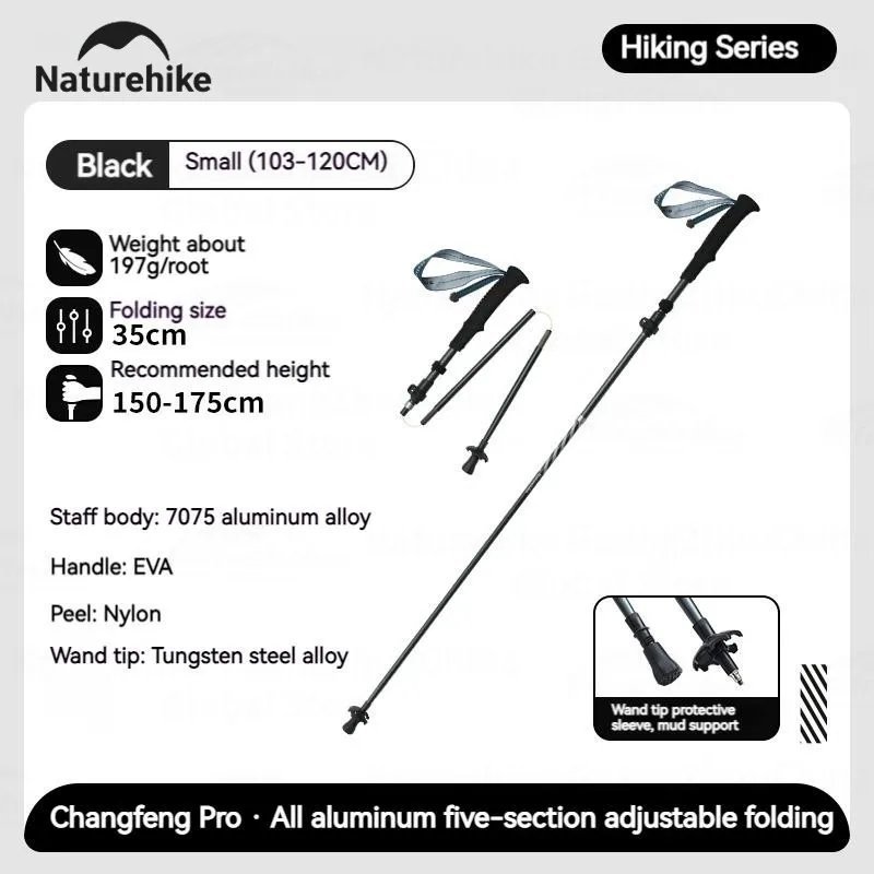 Black-Small_Naturehike 5-Section Trekking Pole Carbon Fiber Aluminum Alloy Folding Teleskopic Ultral