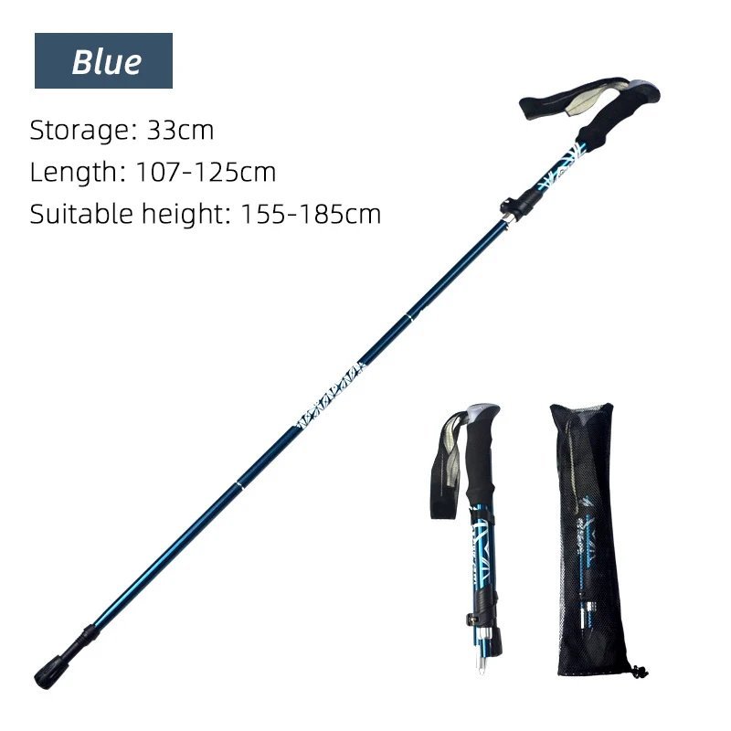 Blue_5 Section Outdoor Fold Trekking Pole Camping Portable Walking Hiking Stick For Nordic Elderly T