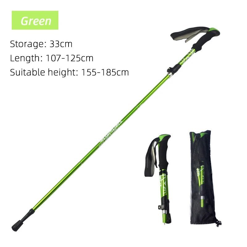 green_5 Section Outdoor Fold Trekking Pole Camping Portable Walking Hiking Stick For Nordic Elderly 