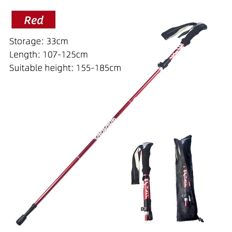 Red_5 Section Outdoor Fold Trekking Pole Camping Portable Walking Hiking Stick For Nordic Elderly Te