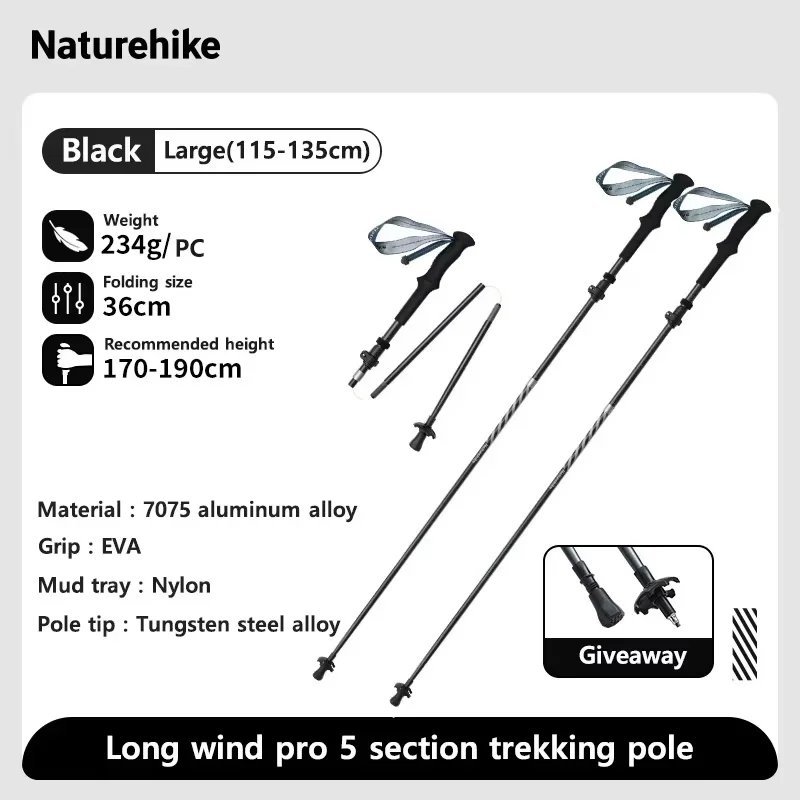 Black Large 2 pcs_Naturehike Long Wind Trekking Poles Carbon Fiber 7075 Aluminum Alloy Five-section 