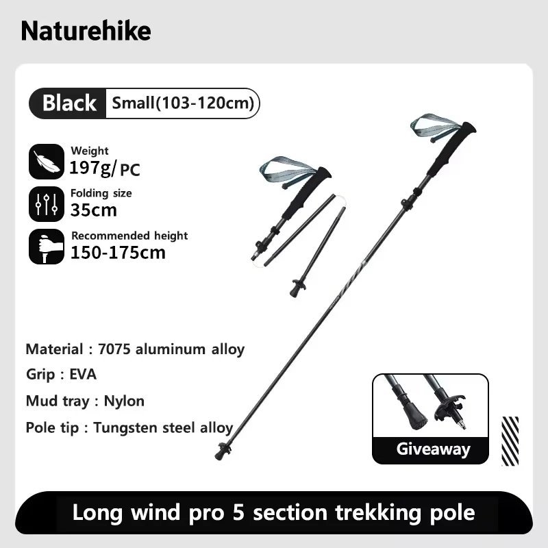 Black Small 1 pc_Naturehike Long Wind Trekking Poles Carbon Fiber 7075 Aluminum Alloy Five-section F