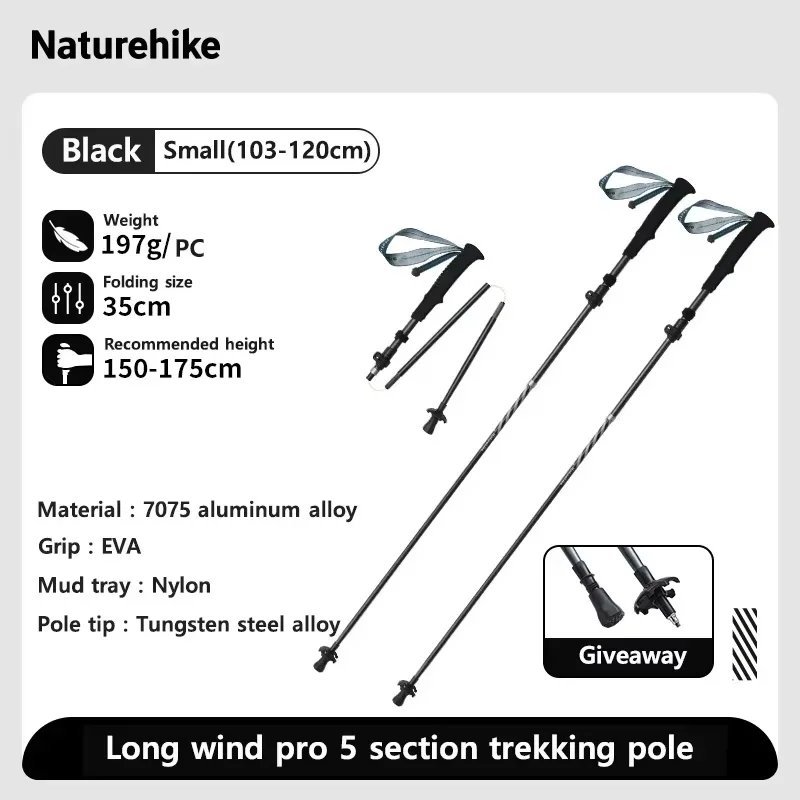 Black Small 2 pcs_Naturehike Long Wind Trekking Poles Carbon Fiber 7075 Aluminum Alloy Five-section 