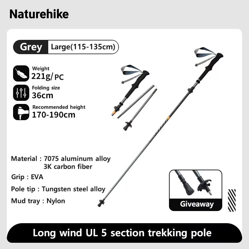 Grey Large 1 pc_Naturehike Long Wind Trekking Poles Carbon Fiber 7075 Aluminum Alloy Five-section Fo