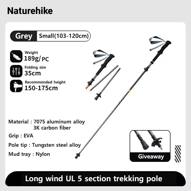 Grey Small 1 pc_Naturehike Long Wind Trekking Poles Carbon Fiber 7075 Aluminum Alloy Five-section Fo