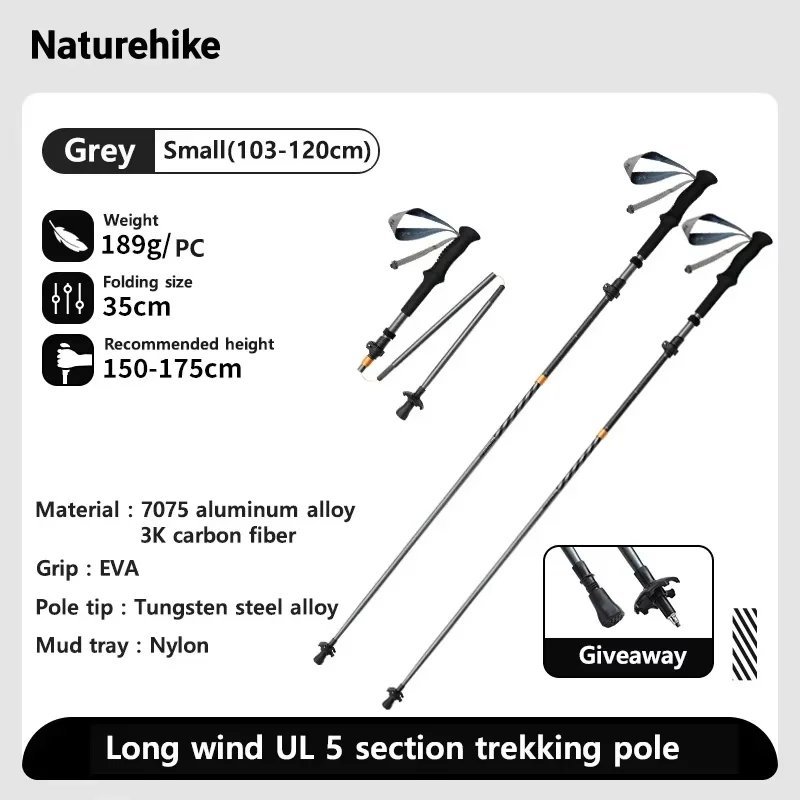 Grey Small 2 pcs_Naturehike Long Wind Trekking Poles Carbon Fiber 7075 Aluminum Alloy Five-section F